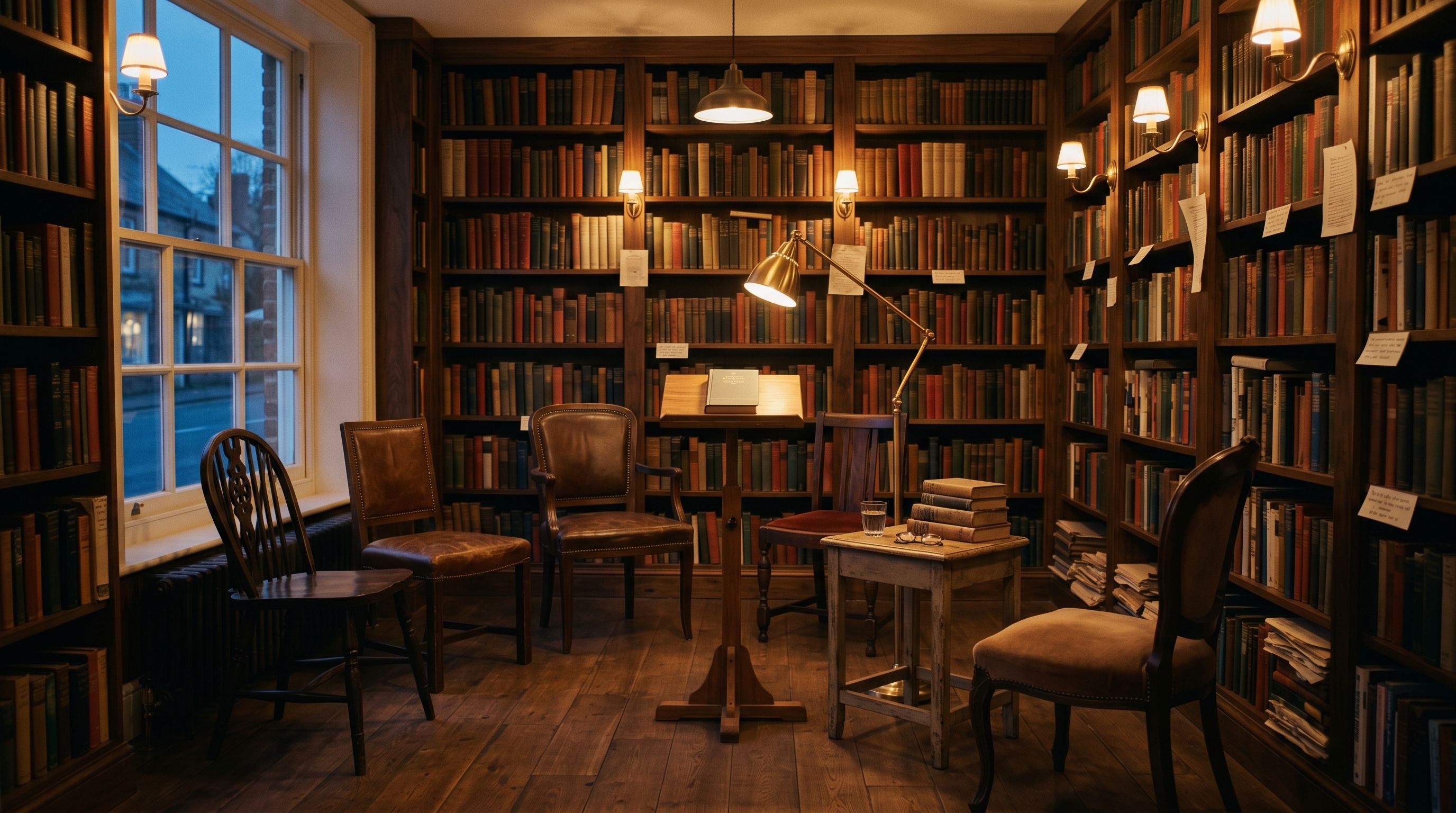 Sala de lectura amb taula de fusta, llum daurada i llibres oberts.