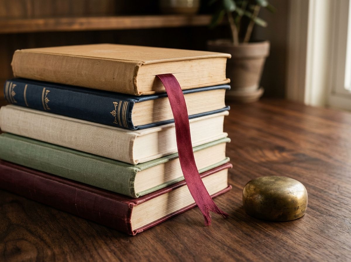 Pila de llibres relligats en tela amb una cinta carmesí.